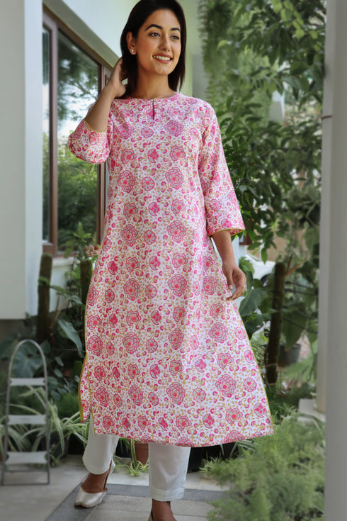Cambric Cotton Kurta In Floral Block Print